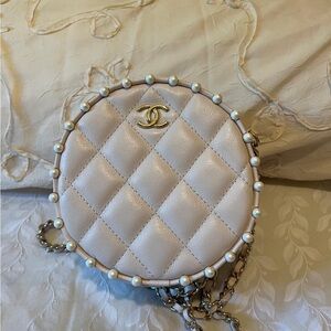 CHANEL Quilted Round Pearl-Trim Crossbody Bag in Light Beige